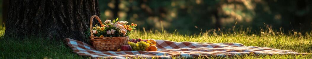 Picnic setup under a tree with flowers and fruits in sunny park atmosphere photo