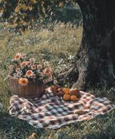 Picnic setup under a tree with flowers and fruits on a checkered blanket photo