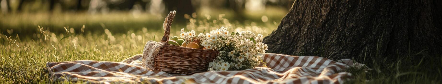 Picnic setup with woven basket and flowers near a shade tree in evening light photo