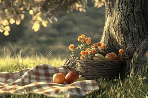 Relaxing picnic with a basket of fruit near a tree on a sunny day photo