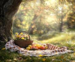 Enjoying a spring picnic with flowers and fresh fruits under a tree photo