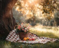 Cozy picnic setup under a tree with flowers and fresh fruits in sunlight photo