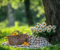Picnic setup with fresh fruits and flowers under a lush green tree photo
