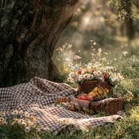 Relaxing picnic setup with flowers and fruits under a tree in sunlight photo