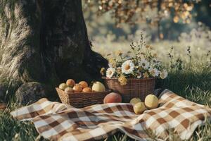 Sunny afternoon picnic under a tree with fruit and flowers in the park photo