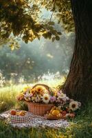 Picnic setup with flowers and fruits under a large tree in nature photo