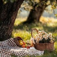 Picnic setup under a tree with flowers and fresh fruits in a sunny meadow photo