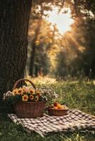 Sunset picnic under a tree with flowers and fresh fruits photo
