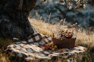 Relaxing picnic setup under a tree in a serene natural setting photo