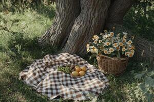 Cozy picnic setup under a large tree with fresh fruits and flowers photo