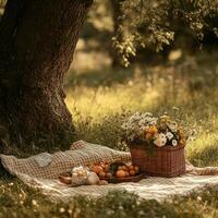 Picnic under a tree with a basket of flowers and fresh fruits on a sunny day photo