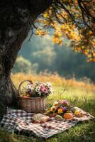 Enjoying a sunny day picnic under a tree with flowers and snacks in nature photo