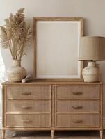 Elegant boho style dresser with natural decor in a light interior space photo