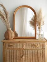 Elegant wicker dresser with round mirror and dried floral arrangements photo
