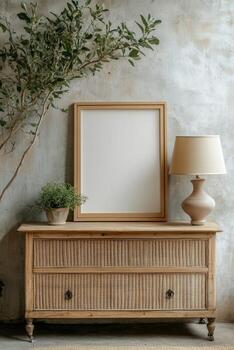 Beautiful rustic furniture setup with empty frame and lamp in cozy space photo