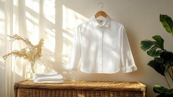 White shirt hanging in a bright room with warm sunlight filtering through photo