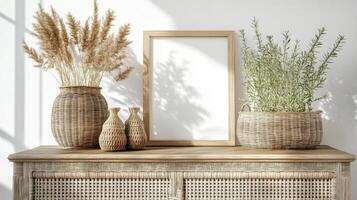 Natural decor arrangement with greenery and woven elements in a sunny room photo