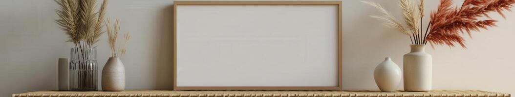 Modern minimalistic decor with a blank frame and vases on a shelf photo