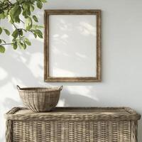 Woven basket and empty picture frame on a rustic console table photo
