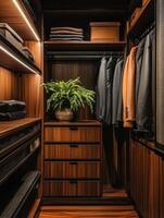 Stylish closet interior showcasing organized suits and greenery photo
