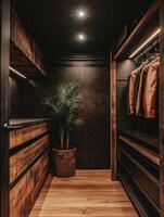 Modern closet design featuring wooden shelving and greenery in dark tones photo