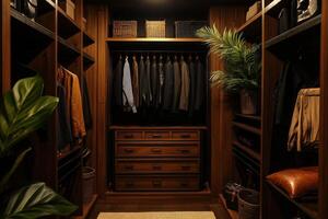 Modern walk-in closet featuring stylish organization and natural decor photo
