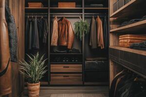 Modern closet design featuring leather jackets and lush greenery photo