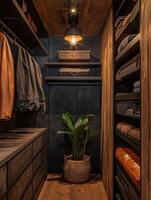 Modern stylish closet with organized shelves and natural touches photo