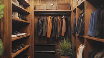 Closet organization with neatly hung jackets and stylish storage options photo