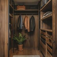 Stylish wood-paneled closet with organized clothing and minimal decor photo