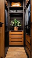Modern closet design featuring organized storage and indoor plants photo