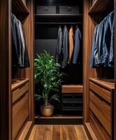 Stylish modern closet design featuring a plant and neatly organized clothing photo