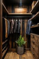 Cozy wooden closet with neatly organized clothes and stylish decor photo