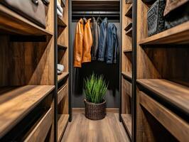 Organised closet with hanging clothes and a potted plant in modern design photo