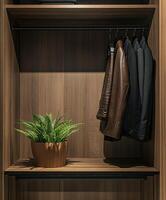 Stylish closet display featuring jackets and a green potted plant photo