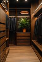 Stylish interior of a modern walk-in closet with organized clothing and plants photo