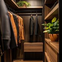 Stylish closet with leather jackets and modern decor in evening light photo