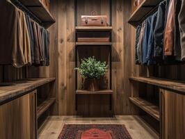 Stylish and organized closet with wooden shelves and a decorative plant photo