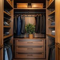Stylish and organized closet with neatly arranged clothing and accessories photo
