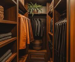 Stylish closet organized with suits and jackets in a modern design photo
