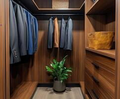 Elegant wardrobe organization with suits and a decorative plant photo