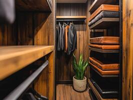 Stylish closet design featuring jackets and shelving with plant decor photo