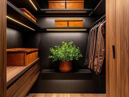 Elegant storage design with greenery and leather accessories in minimal closet photo