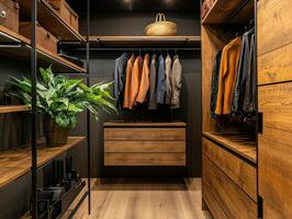 Modern walk-in closet with wooden shelves and stylish clothing display photo