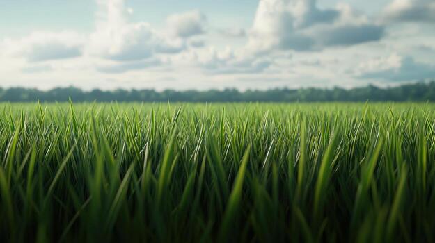Lush green grass with cloudy sky in background at a serene landscape photo
