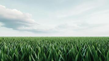 Lush green grass stretches under a cloudy sky in a tranquil landscape photo