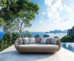 Cozy outdoor seating with stunning ocean view in a tropical paradise photo