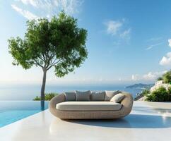 Relaxing outdoor lounge area with a stunning ocean view overlooking the horizon photo