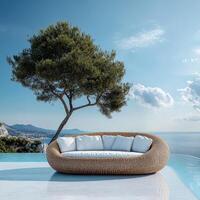 Comfortable outdoor seating with stunning view of mountains and sea photo
