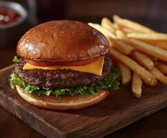 Juicy cheeseburger with fresh lettuce and crispy fries on a wooden platter photo